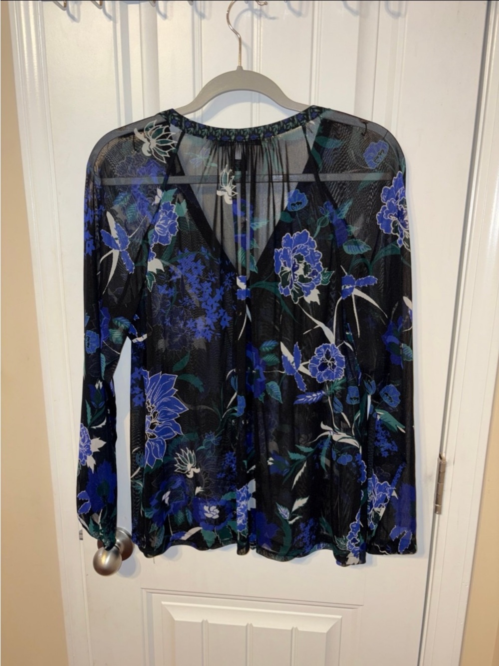 Floral Sheer V-Neck Blouse with Blue & Black Print - Picture 6 of 8